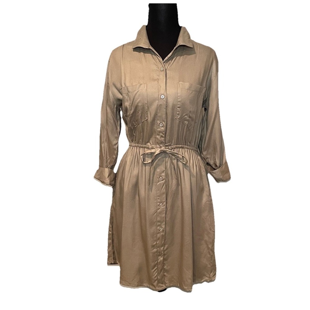 Japna Size Small Tan/Beige Silky Shirt Dress with‎ Drawstring Waist